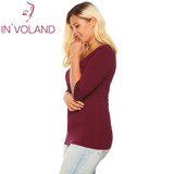 IN'VOLAND Women T-Shirts Top Big Size Autumn Spring Round Collar 3/4 Sleeve Solid Slim Fit Pullover Casual Tshirt Tees Plus Size