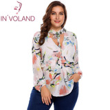 IN'VOLAND Plus Size M-3XL Women Chiffon Blouse Blusas Tops Autumn Spring V-Neck Long Sleeve Dot Floral Tie Shirt Female Pullover