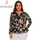 IN'VOLAND Large Size Women T-Shirts Tops L-4XL V-Neck Long Sleeve Oversized Pullover Floral Printed Loose Tees Tshirt Plus Size