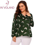 IN'VOLAND Large Size Women T-Shirts Tops L-4XL V-Neck Long Sleeve Oversized Pullover Floral Printed Loose Tees Tshirt Plus Size