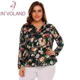 IN'VOLAND Large Size Women T-Shirts Tops L-4XL V-Neck Long Sleeve Oversized Pullover Floral Printed Loose Tees Tshirt Plus Size
