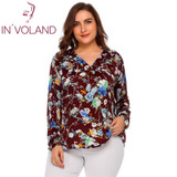 IN'VOLAND Large Size Women T-Shirts Tops L-4XL V-Neck Long Sleeve Oversized Pullover Floral Printed Loose Tees Tshirt Plus Size