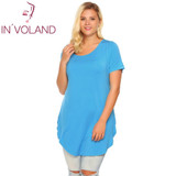 IN'VOLAND Casual T-Shirt Women Plus Size Summer Autumn Short Sleeve Solid Loose Pullovers Long Curved Hem Tshirt Tops Big Sized