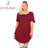 IN'VOLAND Casual T-Shirt Women Plus Size Summer Autumn Short Sleeve Solid Loose Pullovers Long Curved Hem Tshirt Tops Big Sized