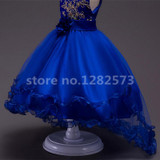In Stock Royal Blue High Low Flower Girl Dresses 3-16Y First Holy Communion Dresses for Girls Tulle Beautiful vestido daminha
