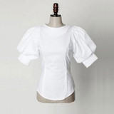 Puff Short Lantern Sleeve Blouse New Fashion Women Retro Back Buttons O-Neck Tops Female Vintage Cotton White Shirt