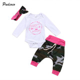 Pudcoco Newborn Kid Baby Girl Camouflage Clothes Jumpsuit Romper Bodysuit Pants Headband 3PCS Outfits Children Clothing Set