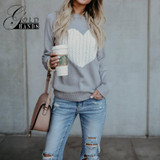 Autumn Winter Women O-neck Knitted Sweaters Heart Cute Long Sleeve Pullover Knitting Sweater Women Casual Patchwork Pullovers