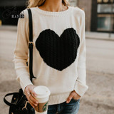 Autumn Winter Women O-neck Knitted Sweaters Heart Cute Long Sleeve Pullover Knitting Sweater Women Casual Patchwork Pullovers