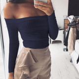 Autumn new 2016 off shoulder crop top t shirts hot sale long sleeve solid short t-shirts for women clothing fashion slim t-shirt