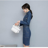 Autumn New 2017 Women Denim Dress Office Ladies Jeans Shirt Dress One-piece Dress With Belt For Women Pencil Elegant Jeans Dress