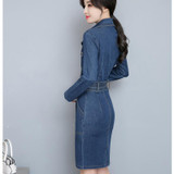 Autumn New 2017 Women Denim Dress Office Ladies Jeans Shirt Dress One-piece Dress With Belt For Women Pencil Elegant Jeans Dress