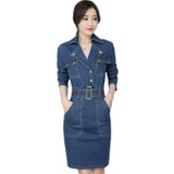 Autumn New 2017 Women Denim Dress Office Ladies Jeans Shirt Dress One-piece Dress With Belt For Women Pencil Elegant Jeans Dress