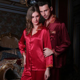 Autumn Men and Women lovers Silk Pajamas Sleepwears Long-sleeve 5A 100% Mulberry Silk Pajama Sets Free Shipping