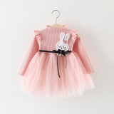 Autumn Long Sleeve Mesh Patchwork Cartoon Rabbit Baby Party Girl Kids Princess Infants Ball Gown Velvet Tutu Dress Vestido S5813
