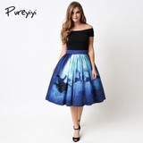 Pureyiyi Skirts for Women Blue Christmas Skirt High Waist Skirts 2017 Summer Vintage Ball Gown Winter Skort
