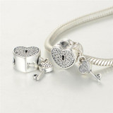 Pure 925 Sterling Silver Jewelry Charms CZ Stones Lock &amp; Key Fits European Bracelets &amp; Snake Chain Silver DIY Fine Jewelry