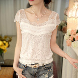 summer 2016 new Korean style v-neck female blouse Short -sleeve white lace slim elegant solid color women shirt 59F 25 summer 2016 new Korean style v-neck female blouse Short -sleeve white lace slim elegant solid color women shirt 59F 25