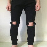 summer  stretch ripped men  jeans hip hop slim fit  knee big  destroyed  broken demin jeans blue and black  damaged swag PANTS