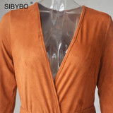 Suede Bodycon Bandage Jumpsuit Women Deep V Neck Long Sleeve Autumn Winter Rompers Overalls Sexy Slim Club Party Jumpsuits