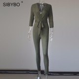 Suede Bodycon Bandage Jumpsuit Women Deep V Neck Long Sleeve Autumn Winter Rompers Overalls Sexy Slim Club Party Jumpsuits