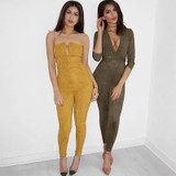 Suede Bodycon Bandage Jumpsuit Women Deep V Neck Long Sleeve Autumn Winter Rompers Overalls Sexy Slim Club Party Jumpsuits