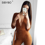 Suede Bodycon Bandage Jumpsuit Women Deep V Neck Long Sleeve Autumn Winter Rompers Overalls Sexy Slim Club Party Jumpsuits