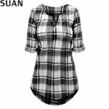 SUAN 2017 Fashion Womens Blouses Pretty Women With Pockets V-Neck AAAAA Cotton Women's Clothing Blouses &amp; Shirts Checked Shirt