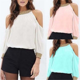 Stylish Women Summer Loose Casual off shoulder pullover round neck Shirts Nine Quarter Sleeve Ladies Chiffon Blouses one pieces