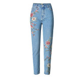 Spring Casual Women Pencil Jeans High Waist Floral Embroidery Fashion Ankle Length Women Denim Pants