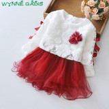 Spring Baby Girls Long Sleeve Bow Lace Flower Patchwork Mesh Tutu Princess Party Dress Kids Two Pieces Dresses vestido infantil
