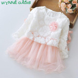 Spring Baby Girls Long Sleeve Bow Lace Flower Patchwork Mesh Tutu Princess Party Dress Kids Two Pieces Dresses vestido infantil