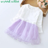 Spring Baby Girls Long Sleeve Bow Lace Flower Patchwork Mesh Tutu Princess Party Dress Kids Two Pieces Dresses vestido infantil