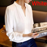 Spring Autumn Women Tops Long Sleeve Casual Chiffon Blouse Female V-Neck Work Wear Solid Color White Office Shirts For Women