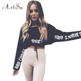 ArtSu Autumn Winter Gothic Letter Printed Long Sleeve Crop Top Hoodie Pullover Women Black Sweatshirt Cropped Hoodies ASHO20196