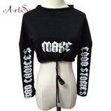 ArtSu Autumn Winter Gothic Letter Printed Long Sleeve Crop Top Hoodie Pullover Women Black Sweatshirt Cropped Hoodies ASHO20196