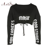 ArtSu Autumn Winter Gothic Letter Printed Long Sleeve Crop Top Hoodie Pullover Women Black Sweatshirt Cropped Hoodies ASHO20196