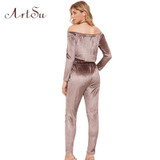ArtSu 2017 Sexy Nightclub Velvet Slash Neck Bodysuits Slim Strapless Jumpsuit  Women Winter&Autumn Playsuit Rompers ASJU20020