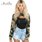 ArtSu 2017 Camouflage Hoody Women Long Sleeve Sweatshirt Sexy Crop Top Autumn Harajuku Girls Loose Cropped Hoodies ASHO30009