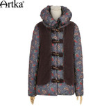 Artka Women's Winter Printed Woolen Patchwork Down Outerwear Vintage Stand Collar Long Sleeve Horn Botton Down Coat DK10565D