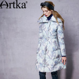 Artka Women's Winter New Printed 90% White Duck Down Coat Vintage Turn-down Collar Long Sleeve  Down Coat With Sashes ZK10553D