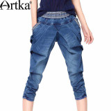 Artka Women's Summer Slim Fit Embroidery Mid-Calf Jeans Vintage All-match Harem Cropped Jeans KN14535X