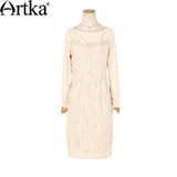 Artka Women's Autumn New Solid Color Knitting&amp;Lace Patchwork Embroidery Dress Slash Neck Long Sleeve Slim Fit Dress LA11151Q