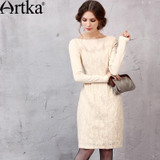 Artka Women's Autumn New Solid Color Knitting&amp;Lace Patchwork Embroidery Dress Slash Neck Long Sleeve Slim Fit Dress LA11151Q