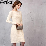 Artka Women's Autumn New Solid Color Knitting&amp;Lace Patchwork Embroidery Dress Slash Neck Long Sleeve Slim Fit Dress LA11151Q
