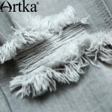Artka Women's Autumn New Patch Pockets Ripped Jeans Vintage All-match Mid-waist Full Length Pencil Jeans KN11668Q