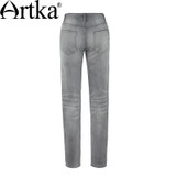 Artka Women's Autumn New Patch Pockets Ripped Jeans Vintage All-match Mid-waist Full Length Pencil Jeans KN11668Q