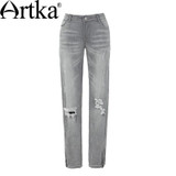 Artka Women's Autumn New Patch Pockets Ripped Jeans Vintage All-match Mid-waist Full Length Pencil Jeans KN11668Q