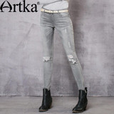 Artka Women's Autumn New Patch Pockets Ripped Jeans Vintage All-match Mid-waist Full Length Pencil Jeans KN11668Q