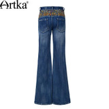 Artka Women's 2017 Spring Ethnic Embroidery Flare Pants Vintage Mid-waist Slim Fit Full Length Jeans With Pockets KN10975C
